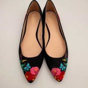 Nine West Embroidered Floral Pointed Toe Flats Black Women’s Size 8.5 M